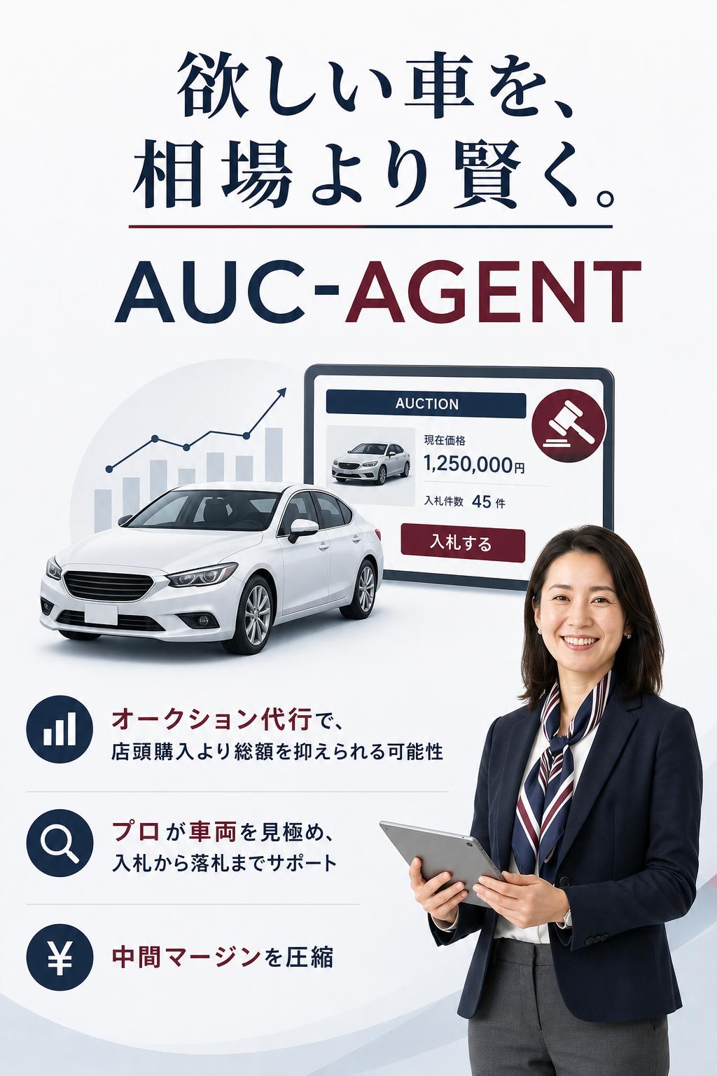 欲しい車を、相場より賢く。AUC-AGENTは、オークションを使った車購入代行サービス。プロが車両を見極めて入札・落札し、中間マージンを圧縮します。